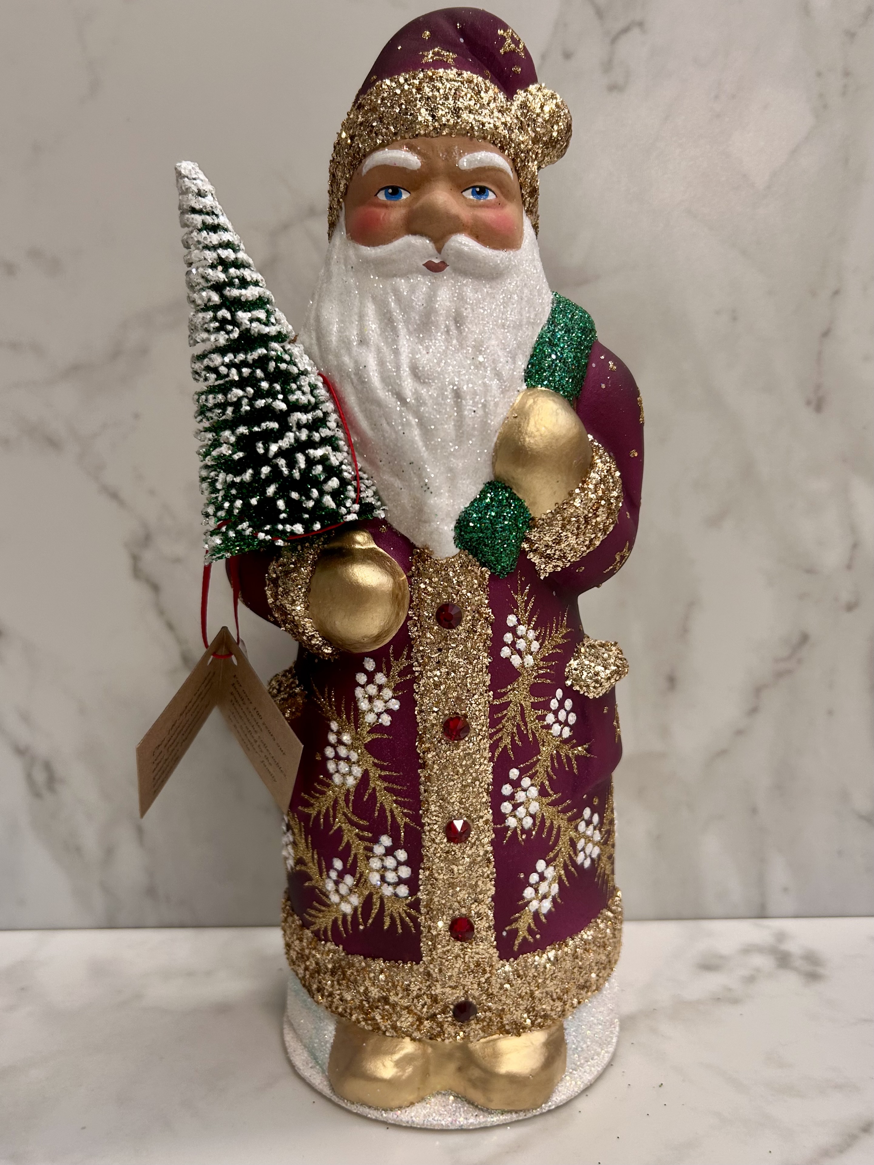 Ino Schaller Santa with Bordeaux Coat and Gold Berry Decor | 11.4"