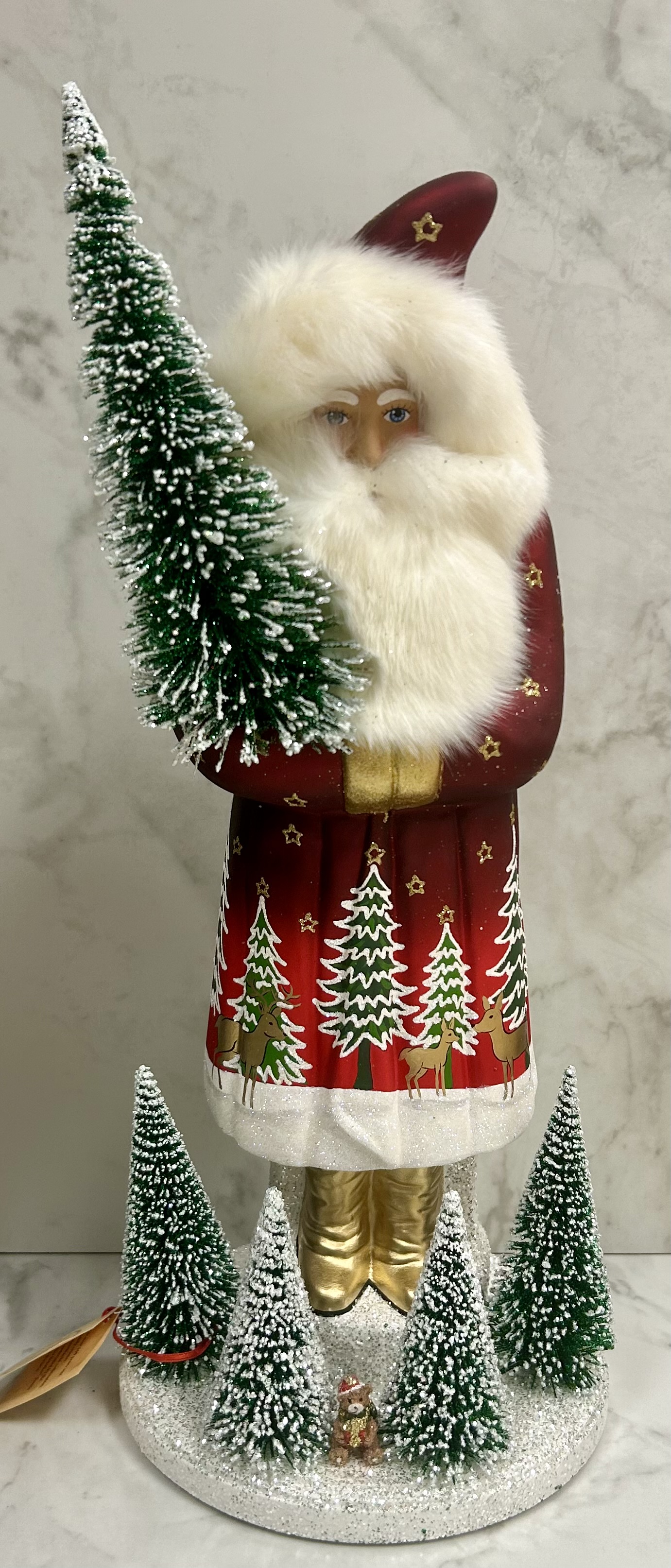 Ino Schaller Santa with Red Coat, Woodland Scene, Fur Trim and Pointed Hat | 20.8"