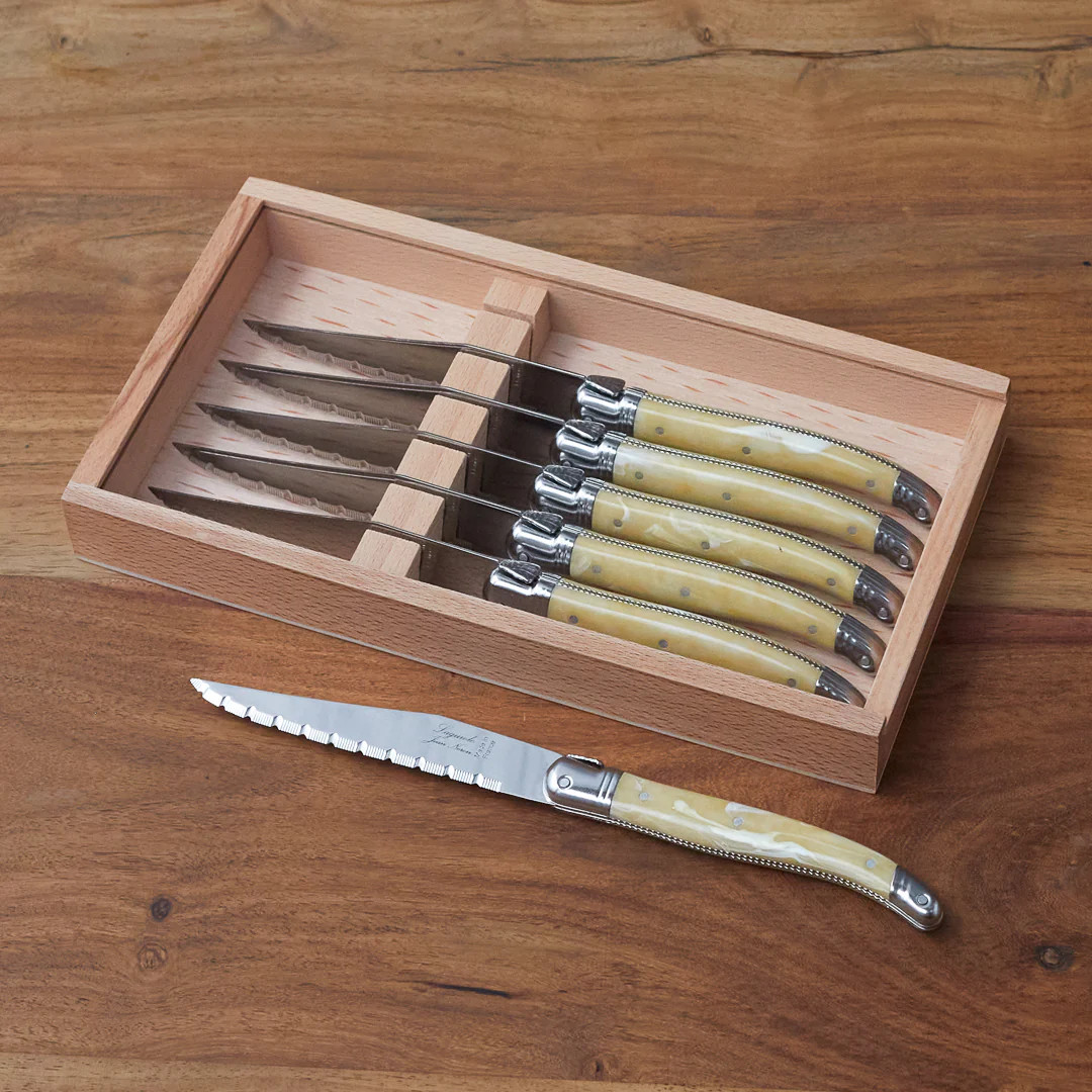 Mougey-Guirl Laguiole Platine Pale Horn Steak Knife Set in Wood Presentation Box | Set of Six