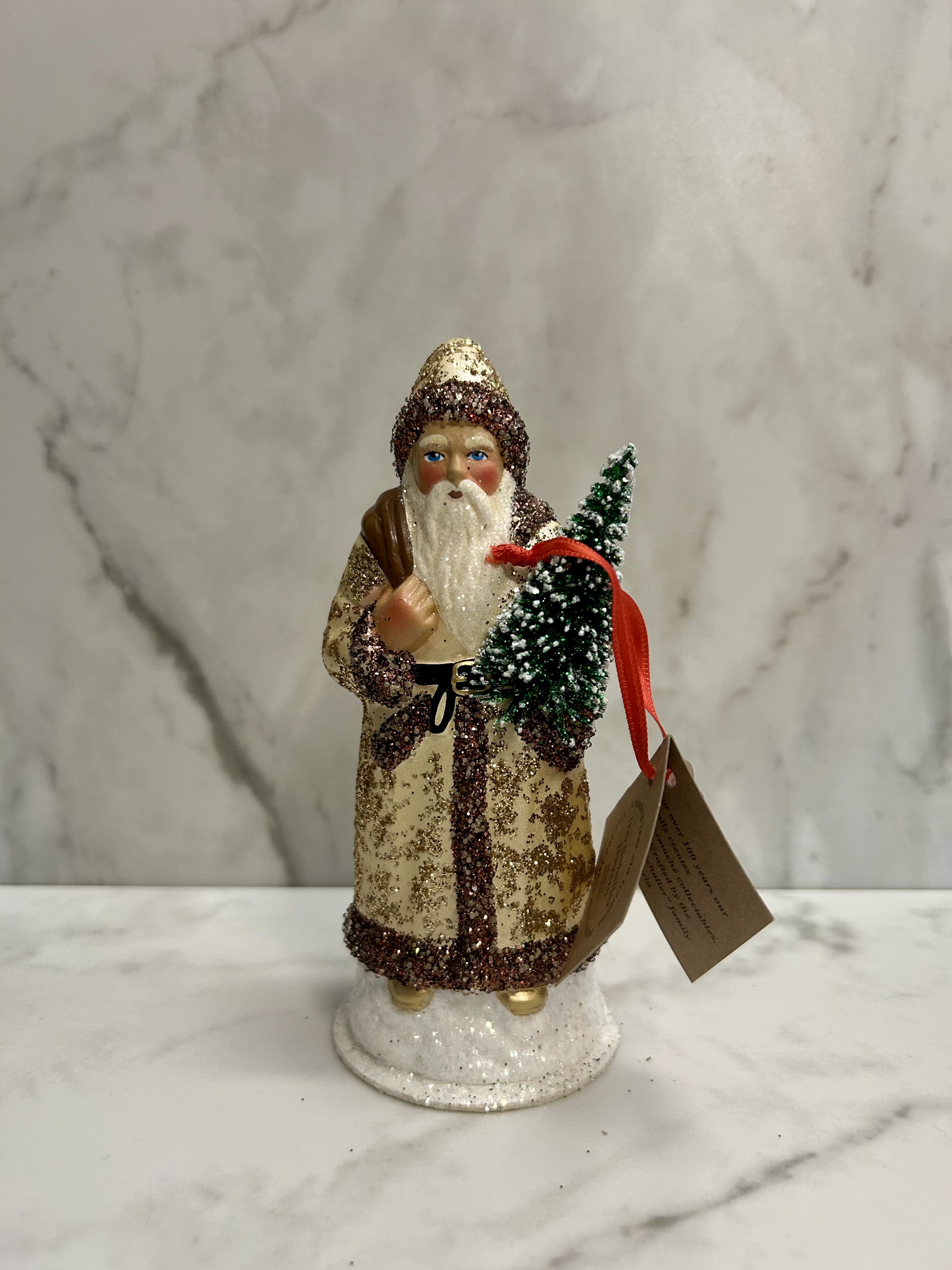 Ino Schaller Gold Glitter Santa with Robe Style Jacket, Gold Bag and Tree | 6"