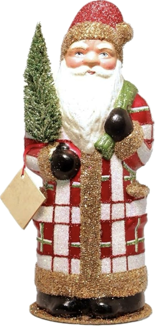 Ino Schaller Santa with Red + White Plaid Coat and Tree | 11.4"