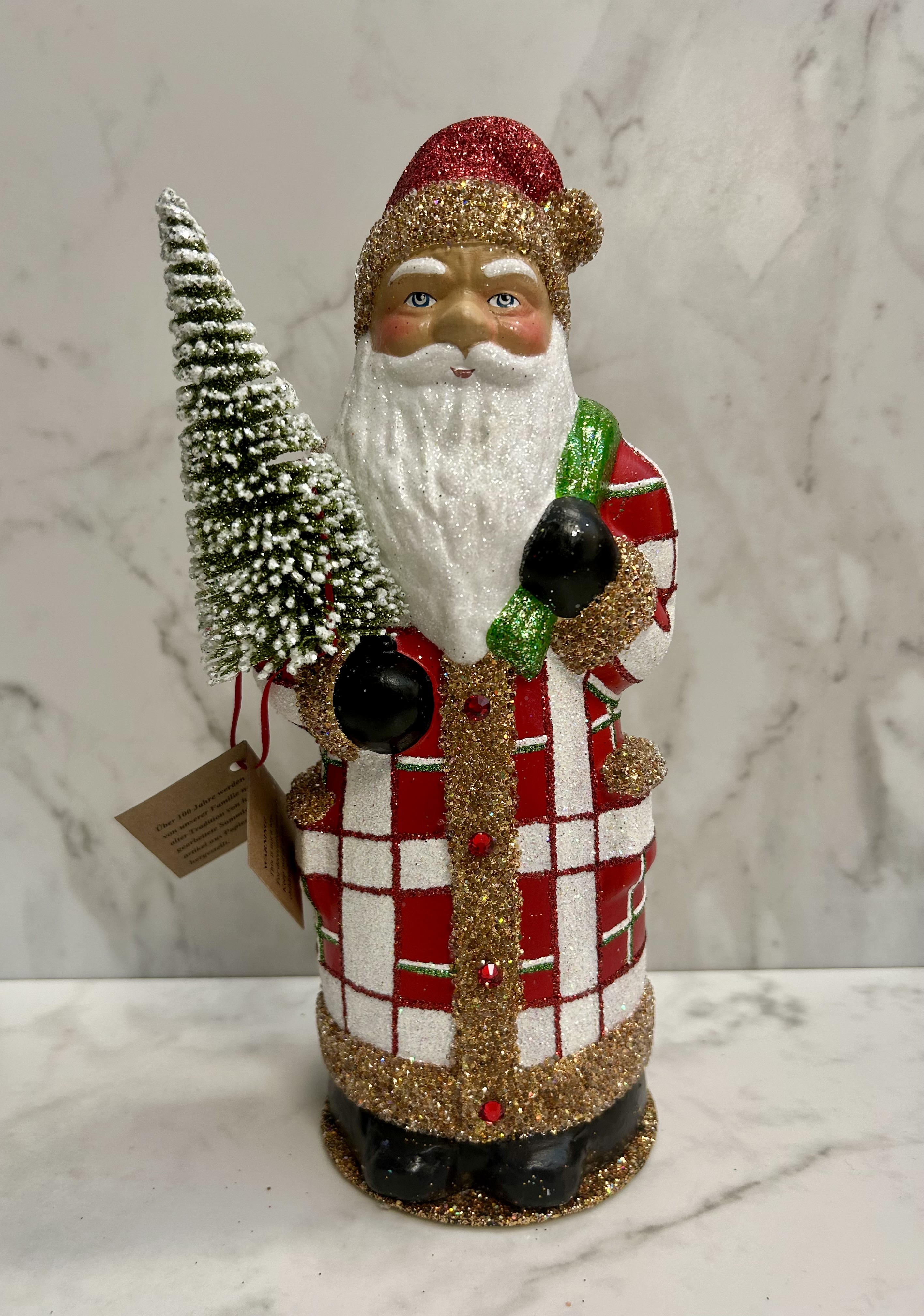 Ino Schaller Santa with Red + White Plaid Coat and Tree | 11.4"
