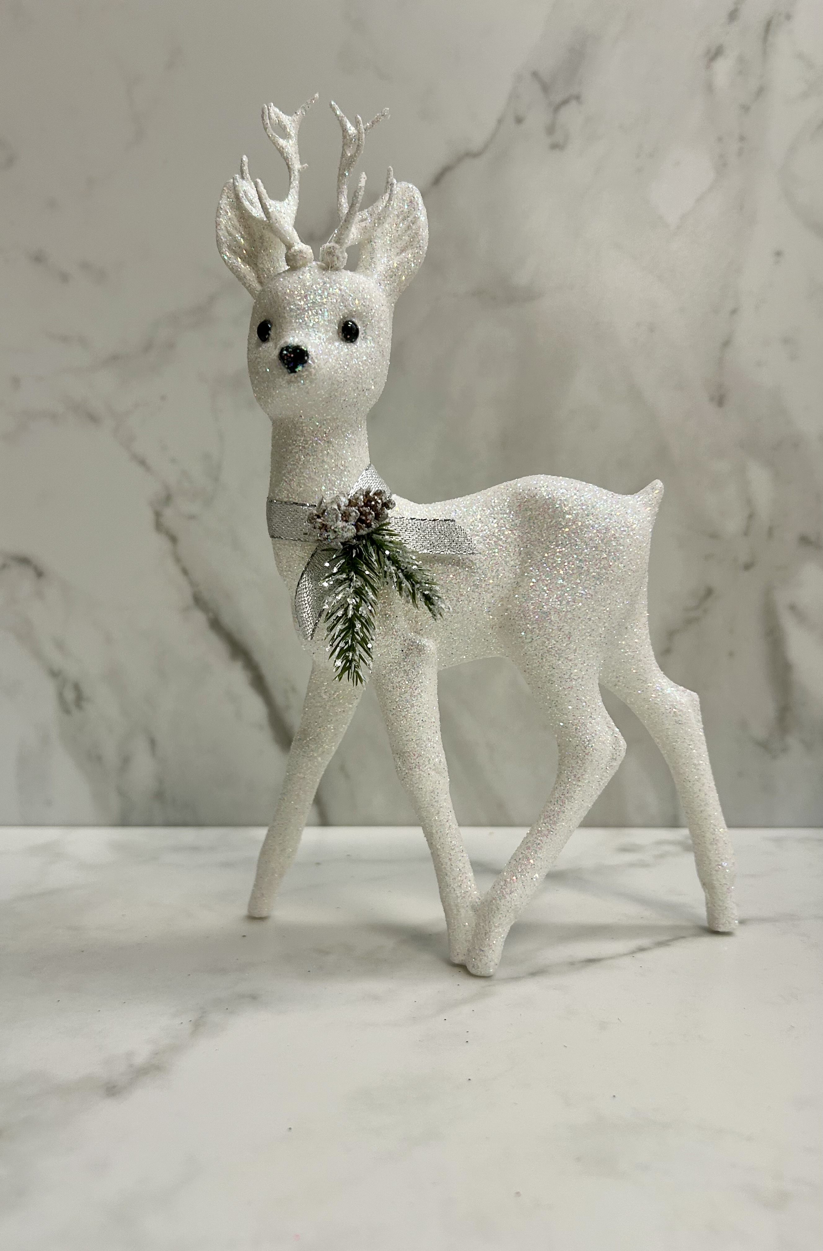 Ino Schaller White Glitter Buck (with antlers) with Decoration | 8"