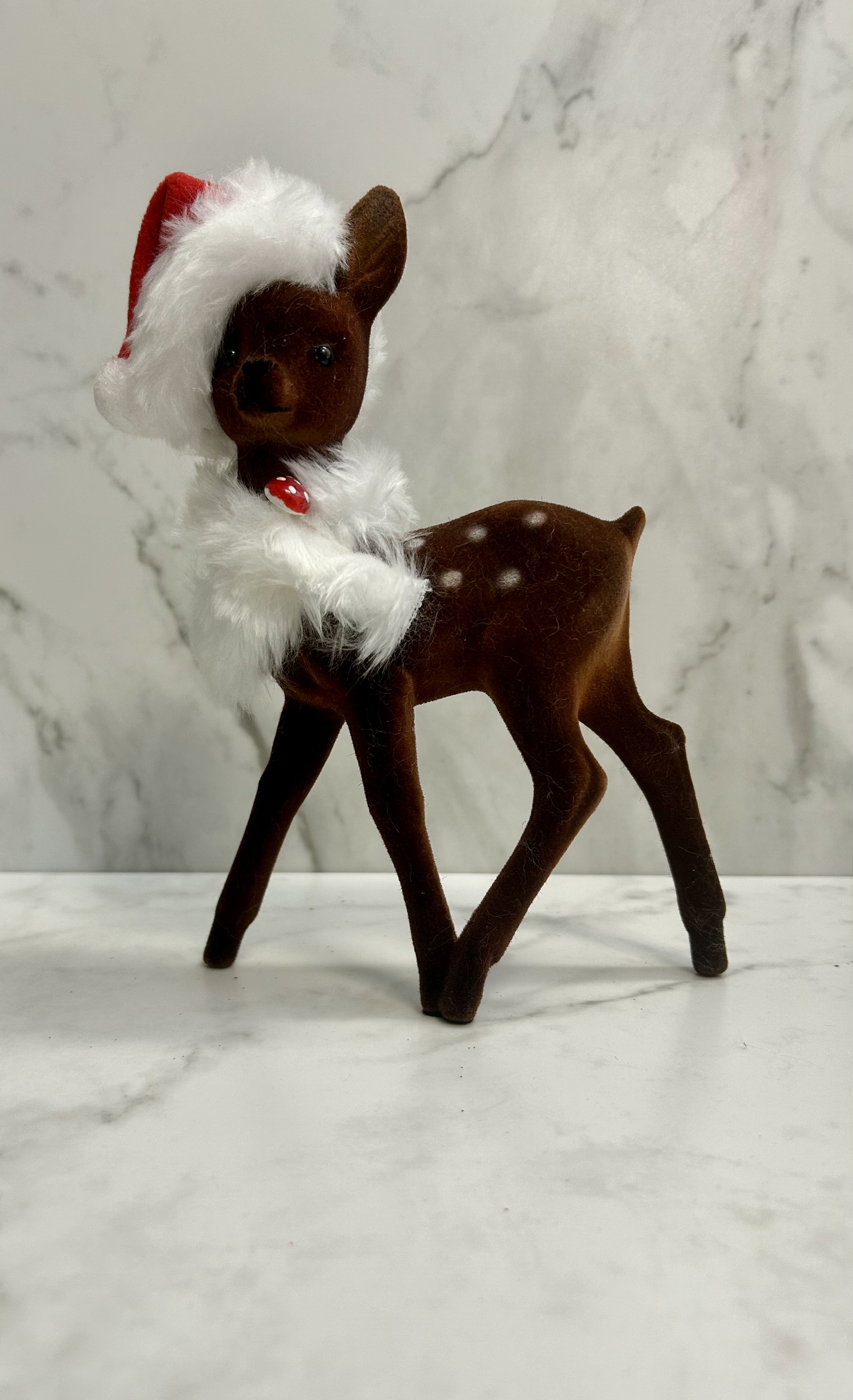 Ino Schaller Flocked Deer with Santa Hat and Scarf | 8"