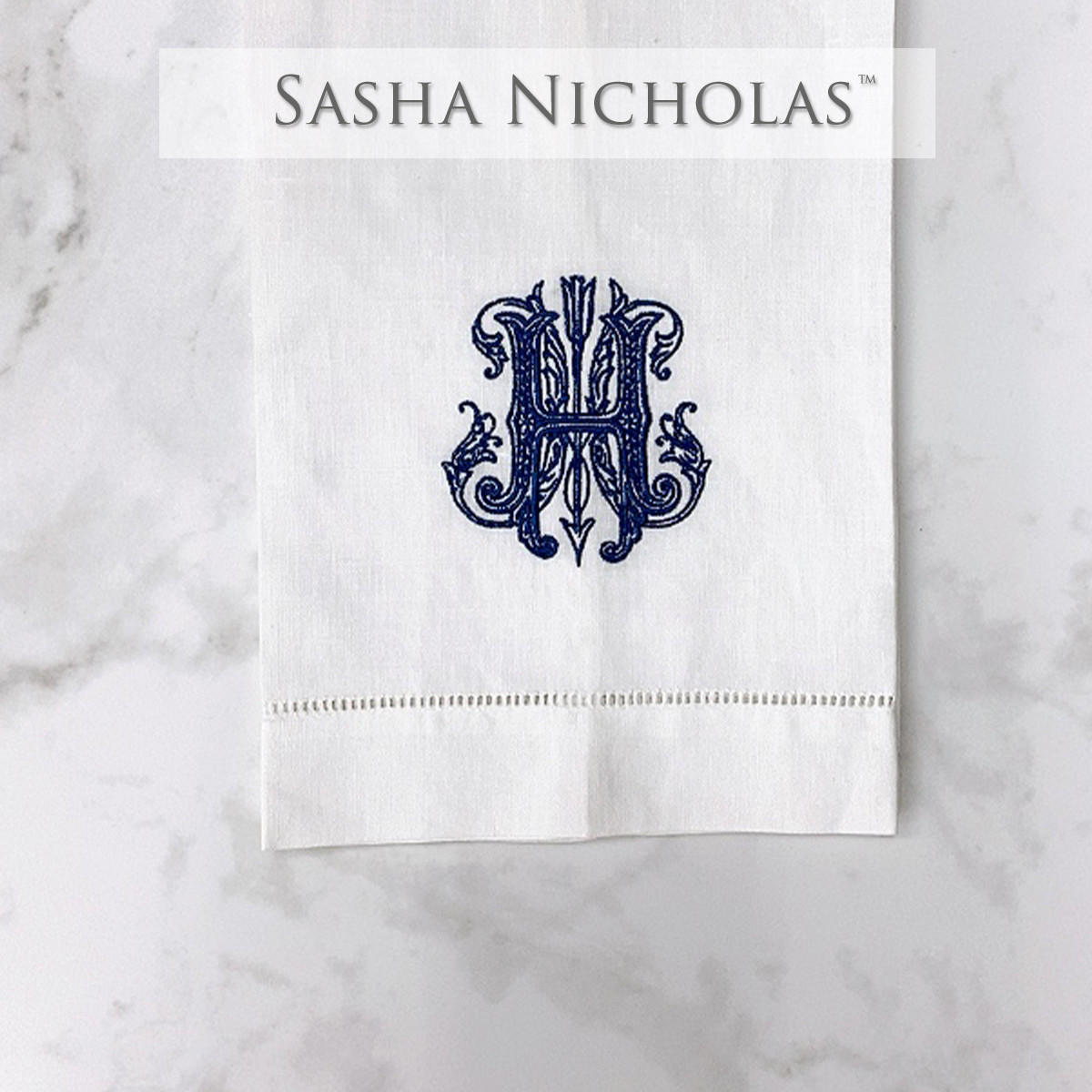 Sasha Nicholas White Linen Hand Towel, Couture Monogram, SNLIN120, Sasha Nicholas