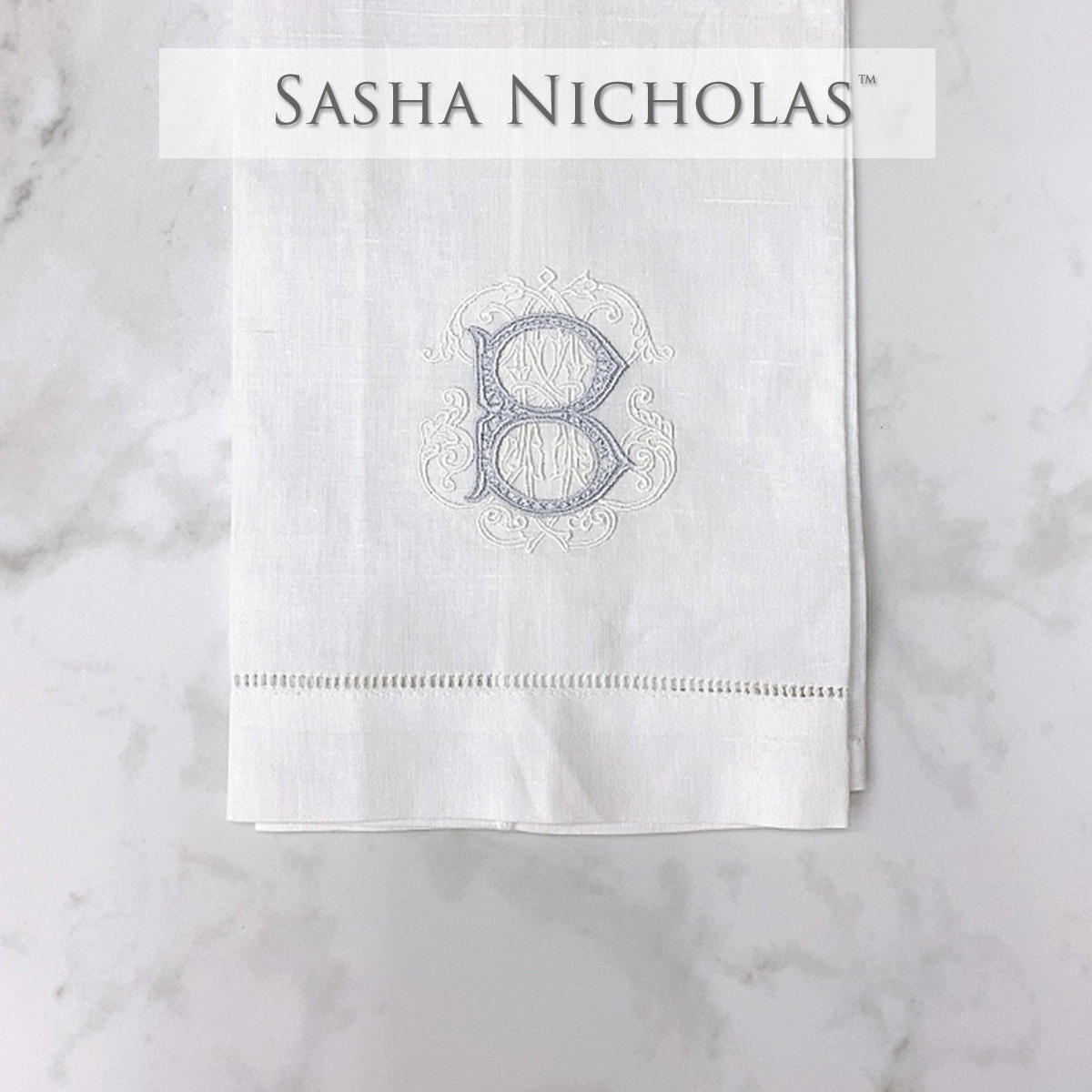 Sasha Nicholas White Linen Hand Towel, Couture Monogram, SNLIN120, Sasha Nicholas