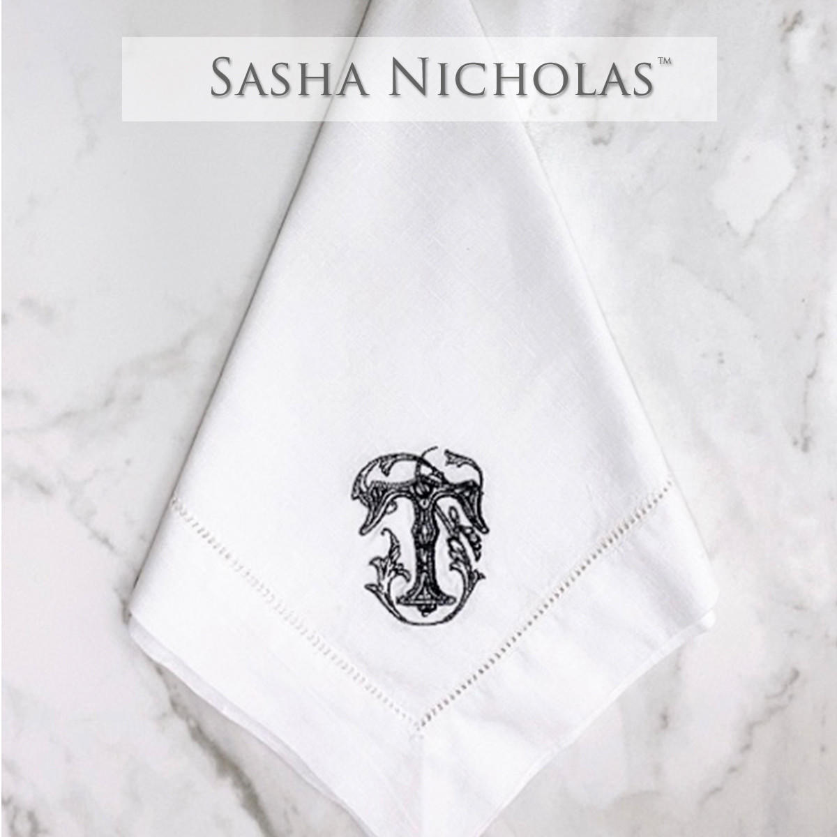 Sasha Nicholas White Linen Dinner Napkin, Couture Monogram, SNLIN100, Sasha Nicholas
