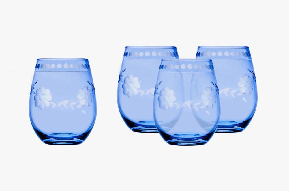 Gollub-Gottesman Belle Fleur Blue Stemless Glass | Set of 4