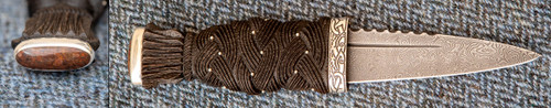 Traditional Scottish Sgian Dubh with carved Highland Oak handle, Sterling Silver fittings, Loch Ness pommel stone and patterned steel blade