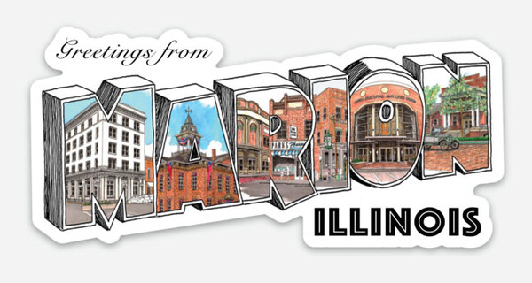 This magnet is based on the mural designed for the north wall of the new City Hall building on the Square in Marion, Illinois