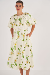 Profile view of model wearing the Oroton Field Daisy Silk Dress in String and 100% Silk for Women