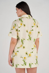 Profile view of model wearing the Oroton Field Daisy Camp Shirt in String and 100% Linen for Women