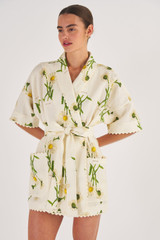Profile view of model wearing the Oroton Field Daisy Print Robe in String and 100% Linen for Women
