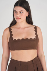 Profile view of model wearing the Oroton Scallop Bralette in Dark Chocolate and 100% Linen for Women