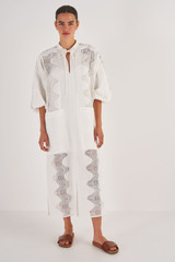 Profile view of model wearing the Oroton Geo Ric Rac Column Dress in Antique White and 100% Linen for Women