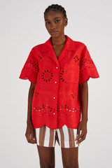 Profile view of model wearing the Oroton Broderie Camp Shirt in Poppy and 100% Linen for Women