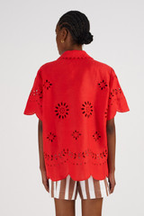 Profile view of model wearing the Oroton Broderie Camp Shirt in Poppy and 100% Linen for Women