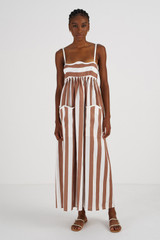 Profile view of model wearing the Oroton Capri Stripe Sundress in Iced Chocolate and 100% Linen for Women