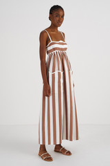 Profile view of model wearing the Oroton Capri Stripe Sundress in Iced Chocolate and 100% Linen for Women
