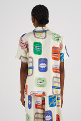 Profile view of model wearing the Oroton Sardinia Print Camp Shirt in Multi and 100% Silk for Women
