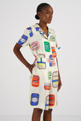 Profile view of model wearing the Oroton Sardinia Print Short in Multi and 100% Silk for Women