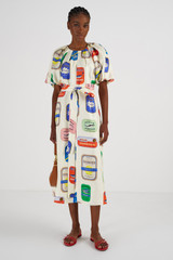 Profile view of model wearing the Oroton Sardinia Print Silk Dress in Multi and 100% Silk for Women