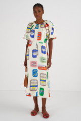 Profile view of model wearing the Oroton Sardinia Print Silk Dress in Multi and 100% Silk for Women