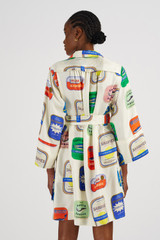 Profile view of model wearing the Oroton Sardinia Print Tunic Dress in Multi and 100% Silk for Women