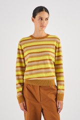 Profile view of model wearing the Oroton Merino Long Sleeve Stripe Crew Knit in Treacle and 100% Merino Wool for Women
