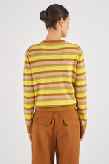 Profile view of model wearing the Oroton Merino Long Sleeve Stripe Crew Knit in Treacle and 100% Merino Wool for Women