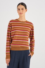 Profile view of model wearing the Oroton Merino Long Sleeve Stripe Crew Knit in Wicker and 100% Merino Wool for Women