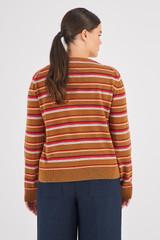 Profile view of model wearing the Oroton Merino Long Sleeve Stripe Crew Knit in Wicker and 100% Merino Wool for Women