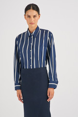 Profile view of model wearing the Oroton Long Sleeve Stripe Poplin Shirt in North Sea and 100% Cotton for Women