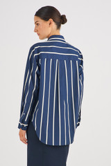 Profile view of model wearing the Oroton Long Sleeve Stripe Poplin Shirt in North Sea and 100% Cotton for Women