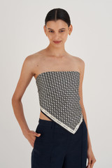 Profile view of model wearing the Oroton All Over Logo Silk Scarf in Cream/Black and 100% Silk for Women . IP:2