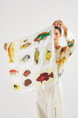 Profile view of model wearing the Oroton Botanical Fish Silk Scarf in Multi and 100% Silk for Women