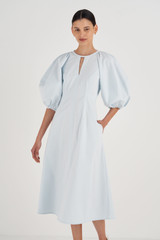 Profile view of model wearing the Oroton Full Sleeve Dress in Sea Glass and 99 % Cotton, 1% Spandex for Women