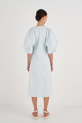 Profile view of model wearing the Oroton Full Sleeve Dress in Sea Glass and 99 % Cotton, 1% Spandex for Women