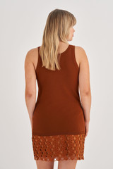 Profile view of model wearing the Oroton Knit Tank in Tan and 83% Viscose, 17% Polyester for Women