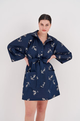 Profile view of model wearing the Oroton Anchor Print Dress in North Sea and 100% Cotton for Women