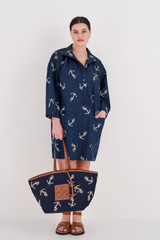 Profile view of model wearing the Oroton Anchor Print Dress in North Sea and 100% Cotton for Women