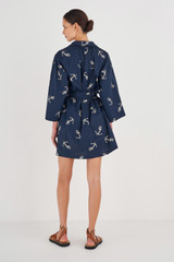 Profile view of model wearing the Oroton Anchor Print Dress in North Sea and 100% Cotton for Women