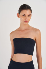 Profile view of model wearing the Oroton Knit Bandeau in North Sea and 83% Viscose, 17% Polyester for Women