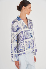 Oroton Tile Print Long Sleeve Shirt in Sea Glass and 100% Silk for Women