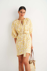 Oroton Mini Floral Dress in Mango and 100% Linen for Women