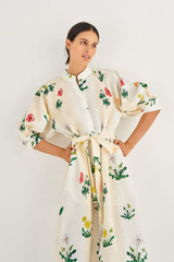 Oroton Poppy Print Dress in Soft Cream and 100% Linen for Women
