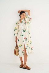 Oroton Poppy Print Dress in Soft Cream and 100% Linen for Women