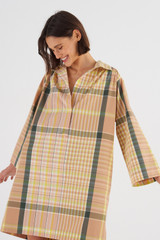 Profile view of model wearing the Oroton Short Check Dress in Camel and 100% Cotton for Women