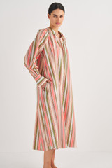 Profile view of model wearing the Oroton Garden Party Stripe Dress in Primrose and 100% Cotton for Women