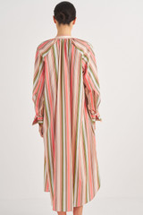 Profile view of model wearing the Oroton Garden Party Stripe Dress in Primrose and 100% Cotton for Women